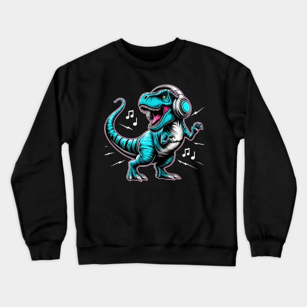 Dancing T-Rex with Headphone Crewneck Sweatshirt by cowyark rubbark